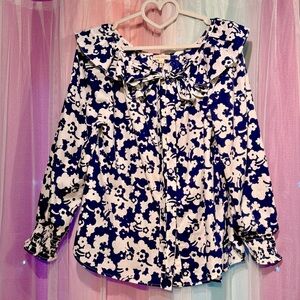 Marc Jacobs Blue & White Cotton Floral Ruffle Tie Collar button up top 12